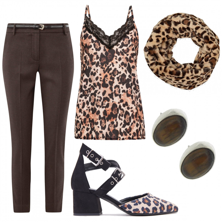 Outfit donna - Luis Vitton tonalità marrone. Stile Sexy per Tutti i giorni. Abbinamento con vestiti, scarpe beige, pantaloni, sciarpa taglia unica beige, orecchini a perno forma ovale in sterling 925 argento.