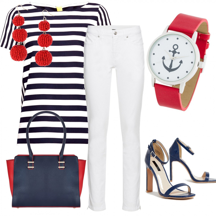 Outfit donna - Capri. Stile Urban per Ufficio. Abbinamento con jeans skinny, orecchini a goccia rosso, borsa a mano, orologio con cinturino blu, camicia bianco, sandali con tacco spillo e punta quadrata nudo.