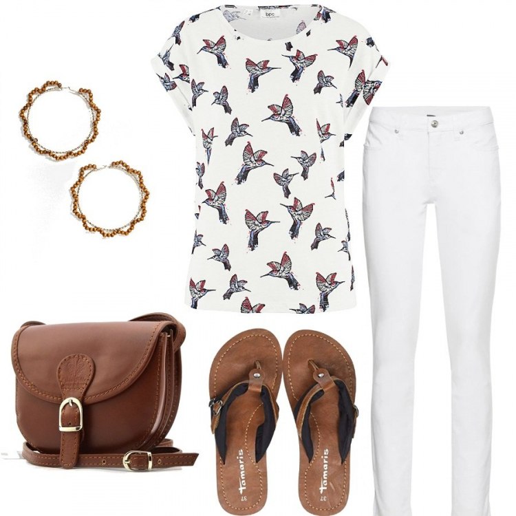 Outfit donna - Chic in ufficio. Stile Chic per Ufficio. Abbinamento con jeans skinny, maglia fantasia filato bianco, borsa a tracolla marrone, ciabatte nero, orecchini oversize con perline a scatto in denim oro.