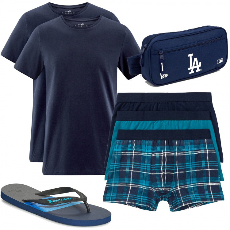 Outfit uomo - L\' intimo per la tua estate. Stile Casual per Tutti i giorni. Abbinamento con boxer, infradito blu, t-shirt, borsa a tracolla baseball con zip e logo navy.