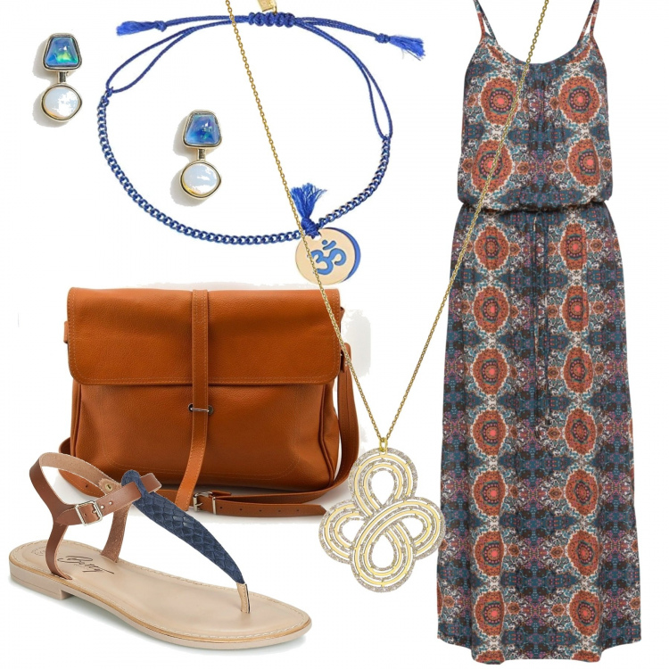 Outfit donna - Pietre blu, etnofantasia. Stile Etnico per Tutti i giorni. Abbinamento con vestiti lunghi, borsa a tracolla marrone, sandali, collana glitter girocollo in argento 925 oro, collane, orecchini a bottone farfalla oro.