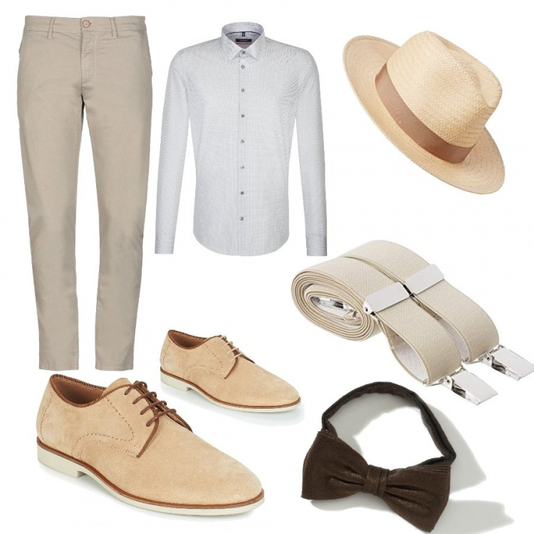 Outfit uomo - Matrimonio boho chic low cost. Stile Trendy per Cerimonia. Abbinamento con chino, scarpe stringate, camicia a maniche lunghe grigio, cinture e bretelle con bretelle beige, cappelli.