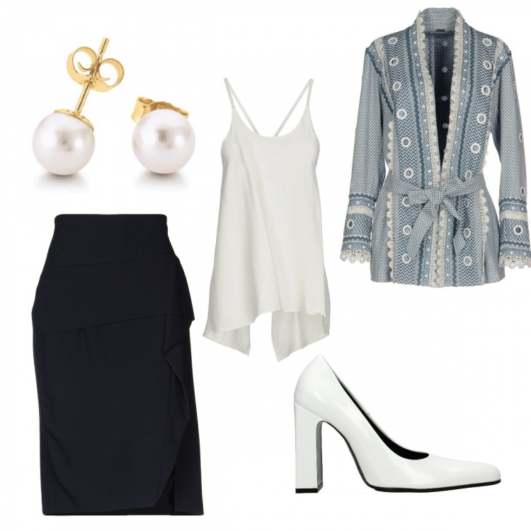 Outfit donna - Chic #10570. Stile Chic per Tutti i giorni. Abbinamento con giacca, gonna longuette a trapezio con zip interno sfoderato crêpe, top scollatura profonda senza maniche in viscosa crêpe, scarpa, orecchini in oro giallo.