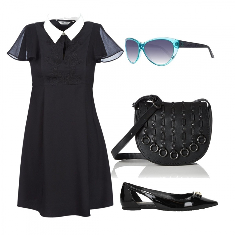 Outfit donna - Basic #11757. Stile Basic per Tutti i giorni. Abbinamento con ballerine effetto vernice nero, vestito corto nero, occhiali da sole, borsa a tracolla.