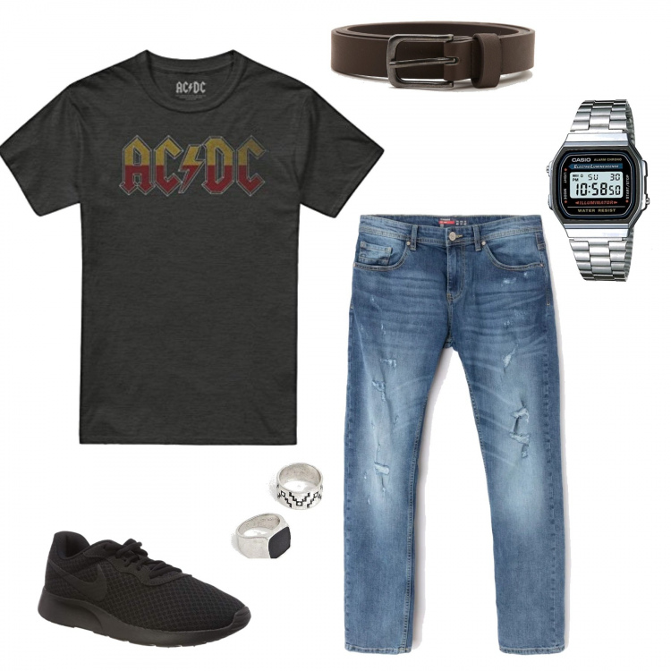 Outfit uomo - Al concerto. Stile Biker Rock per Serata speciale. Abbinamento con pantalone a sigaretta in denim blu, cintura con fibbia in ecopelle tinta unita marrone, t-shirt nero, scarpe running nero, orologi argento, orologi digitali.