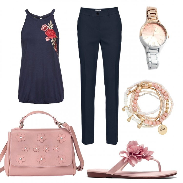 Outfit donna - Eleganti ciabattine fiorite. Stile Bon Ton per Ufficio. Abbinamento con pantaloni, braccialetti, top, ciabatte, vestiti midi/longuette, orologio analogico bianco.