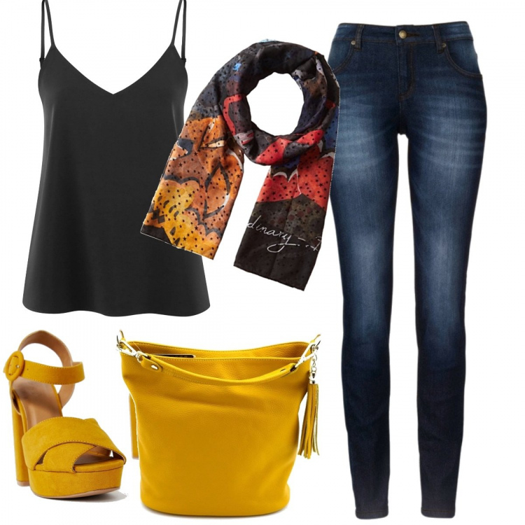 Outfit donna - Pennellate di giallo. Stile Basic per Tutti i giorni. Abbinamento con jeans skinny, borsa a tracolla giallo, top, sandali con tacco e plateau, sciarpa a righe nero.