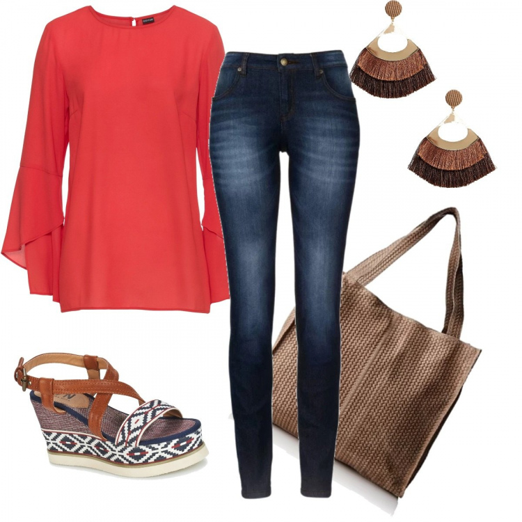 Outfit donna - Tramonto di fine estate. Stile Basic per Serata fuori. Abbinamento con jeans skinny, blusa con volant rosso, sandali, borsa a mano beige, orecchini pendenti farfalla con nappine.