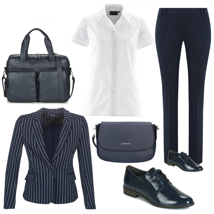 Outfit donna - Mannish style. Stile Trendy per Ufficio. Abbinamento con camicie a manica corta, giacca blu, scarpe blu, portacomputer blu, borsa a tracolla blu, pantalone lungo.