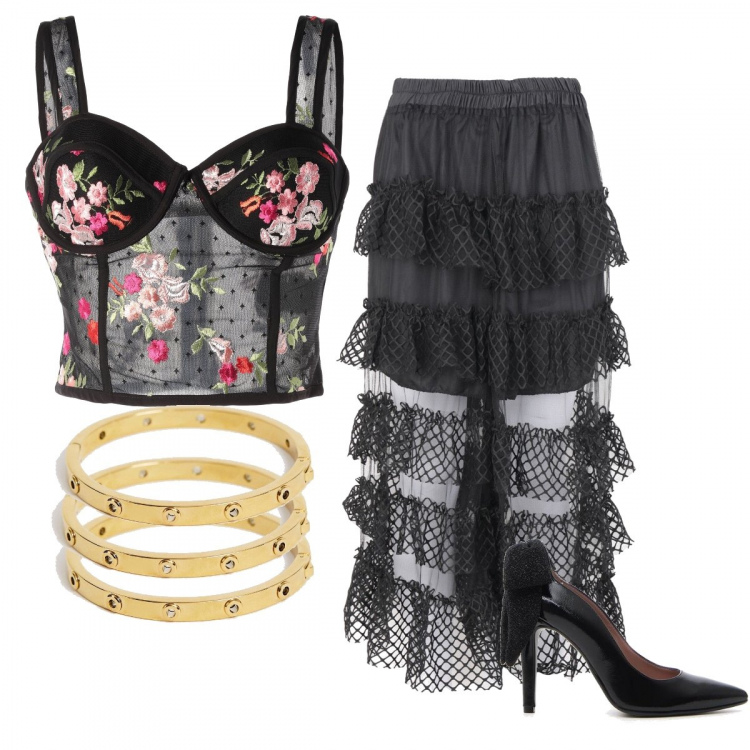 Outfit donna - #DGWoman. Stile Sexy per Serata fuori. look ideale per Tall. Abbinamento con bustino fantasia floreale con ricamo scollatura profonda senza maniche con zip in tulle, gonna longuette con balze e zip interno foderato in tulle tinta unita, décolleté, bracciale oro.