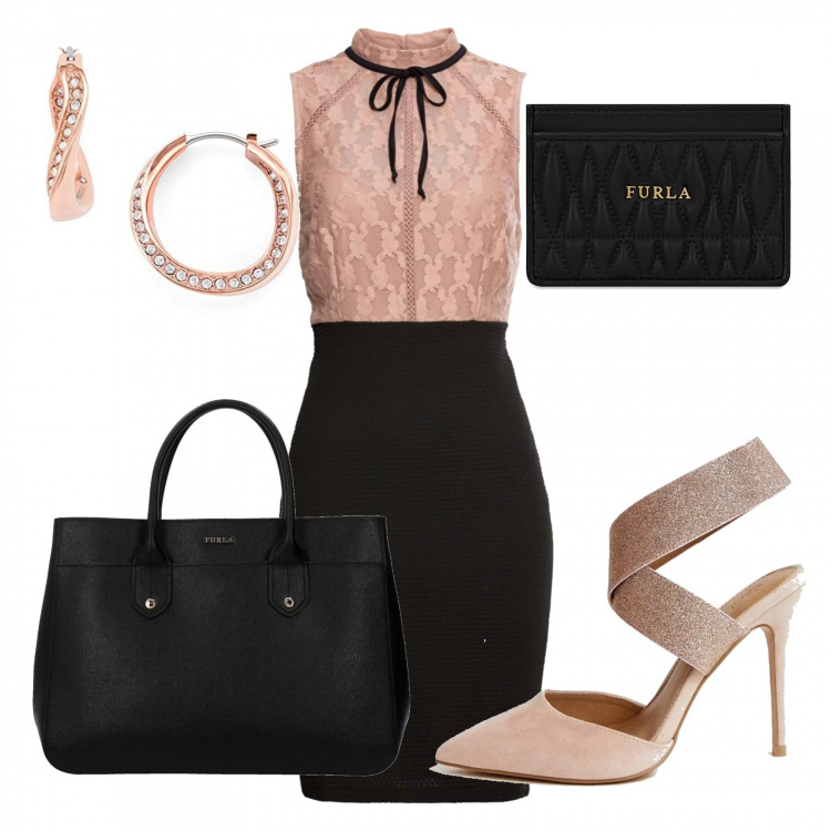 Outfit donna - Una donna in carriera 2. Stile Trendy per Ufficio. Abbinamento con portadocumenti interno foderato in pelle tinta unita, vestiti midi/longuette, borsa a mano con bottoni nero, orecchini, scarpe petite glitter con tacco alto e fasce pianta larga vestibilità ampia beige.