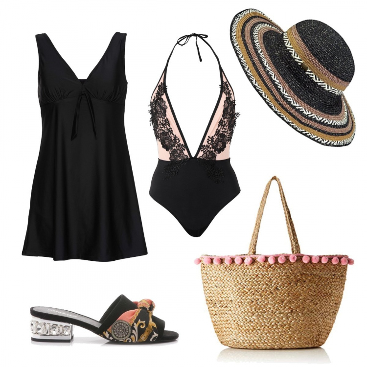 Outfit donna - Eleganza da mare. Stile Chic per Mare. Abbinamento con vestiti da spiaggia, costume intero con pizzo fantasia interno semi-foderato jersey, sabot con tacco basso nero, borsa a spalla in paglia beige, cappelli.