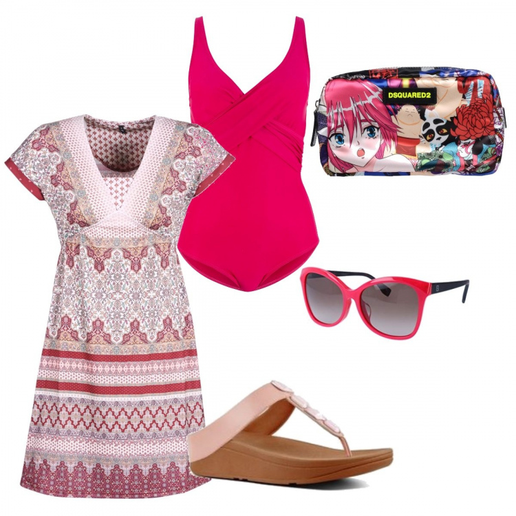 Outfit donna - Japan mood in spiaggia!. Stile Trendy per Mare. Abbinamento con costumi interi, beauty case fantasia con zip interno foderato in raso con tasca interna, vestito corto rosa, infradito con punta tonda rosa, occhiali da sole rosa.
