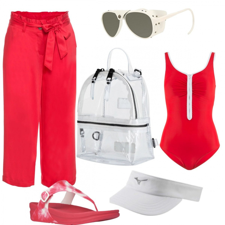 Outfit donna - Urban #6146. Stile Urban per Mare. Abbinamento con borsa, gonne longuette, costume intero aderente, cappello bianco, infradito con fibbia e punta tonda rosso e bianco, occhiali da sole unisex-adulto bianco.