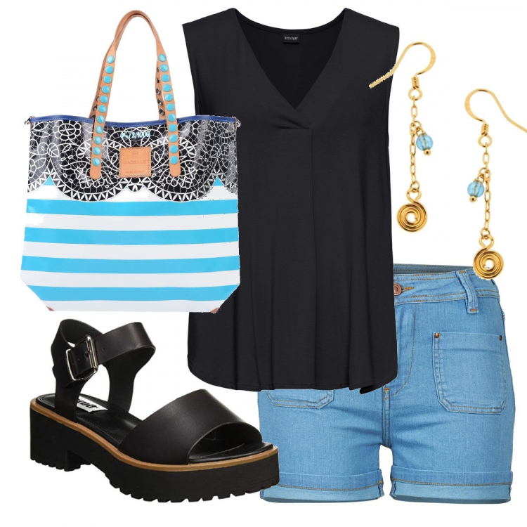 Outfit donna - Per tutti i giorni. Stile Basic per Tutti i giorni. Abbinamento con top, borse a mano, shorts, sandali con cinturino nero, orecchini.