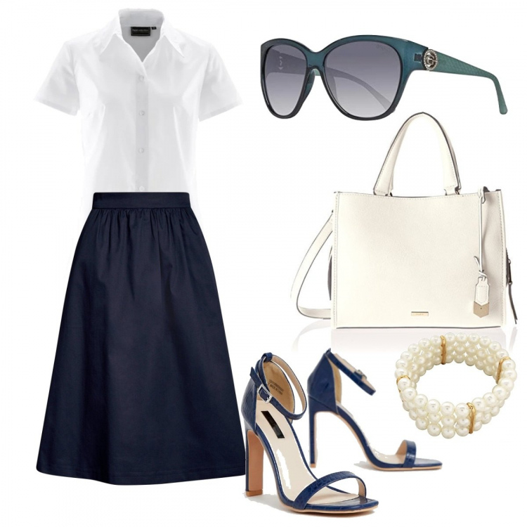 Outfit donna - Chic, ultimo giorno di lavoro. Stile Chic per Ufficio. Abbinamento con camicie a manica corta, gonna midi vita alta taglia media con zip aderente blu, sandali con tacco spillo e punta quadrata nudo, borsa tote, occhiali da sole verde, braccialetti.