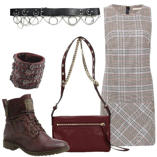 Outfit donna - Rock #2021. Stile Rock per Scuola/Università. Abbinamento con bracciale con strass in pelle, borsa a spalla con manico rosso, vestito multicolore e nero, stivali rosso e bordeaux, cintura.