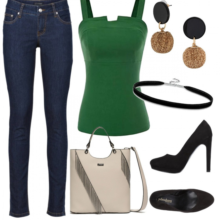 Outfit donna - Bon Ton #9351. Stile Bon Ton Abbinamento con jeans skinny, orecchini nero, décolleté effetto scamosciato con tacco squadrato e punta tonda in pelle sintetica tinta unita, t-shirt, borsa a mano con manico e zip beige, ciondoli.