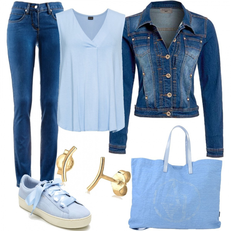 Outfit donna - A fare spese. Stile Basic per Tutti i giorni. Abbinamento con jeans dritti, top, borsa a mano maxi contrasto doppio manico interno sfoderato in tessuto tecnico tinta unita, giacca, sneakers effetto scamosciato interno in tessuto con punta tonda, orecchini.