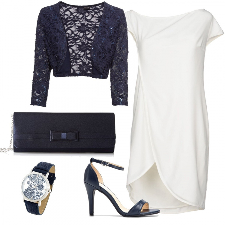 Outfit donna - Battesimo. Stile Chic per Cerimonia. Abbinamento con costumi interi, bolero, sandali con tacco alto e cinturino in pelle sintetica, vestito corto a trapezio collo tondo a maniche corte con zip interno sfoderato crêpe, clutch.