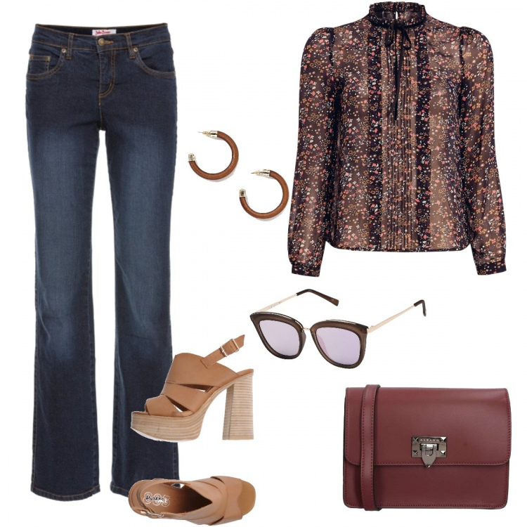 Outfit donna - The new collection. Stile Trendy per Tutti i giorni. Abbinamento con jeans dritti, sandali con tacco squadrato e fibbia con punta tonda in pelle sintetica tinta unita, occhiali da sole lenti a specchio in montatura in metallo, borsa a tracolla rosso, camicetta con volant chiffon con balze aderente nero, orecchini farfalla oro.