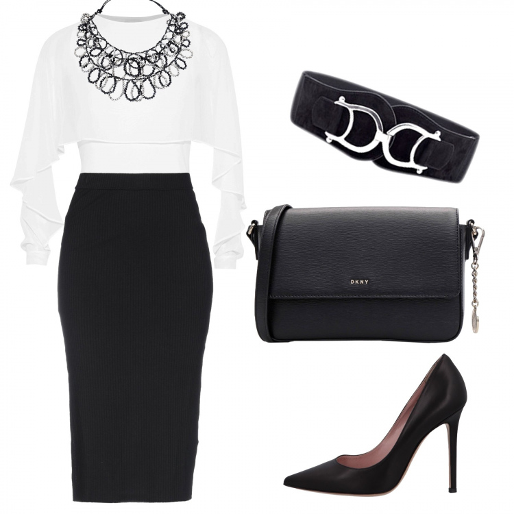 Outfit donna - Get the look Eva Mendes. Stile Chic per Serata fuori. Abbinamento con cinture, blusa collo tondo a maniche lunghe jersey, gonna longuette interno sfoderato jersey, décolleté con tacco spillo a punta in pelle tinta unita, borse a tracolla, collana con perline e nappine.