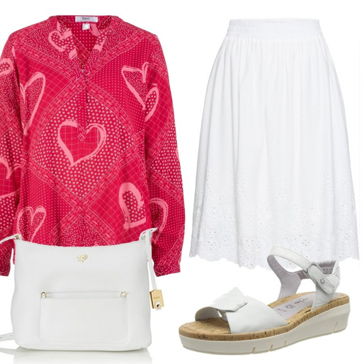 Outfit donna - Basic #12015. Stile Basic per Ufficio. Abbinamento con vestiti lunghi, gonna con pizzo bianco, zeppe, borse a spalla.