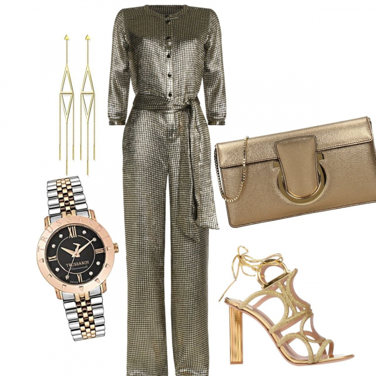 Outfit donna - Non è tutto oro ciò che luccica. Stile Trendy Abbinamento con salopette fantasia effetto laminato collo tondo in seta crêpe, sandali in pelle, pochette con manico oro, orologio, orecchini.