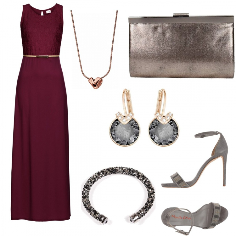 Outfit donna - Chic, gran ballo estivo. Stile Chic per Cerimonia. Abbinamento con vestiti lunghi, sandali con strass e cinturino con punta tonda tinta unita, shopping bag grigio, bracciale nero, orecchini con cerchi in oro rosa grigio, collana.
