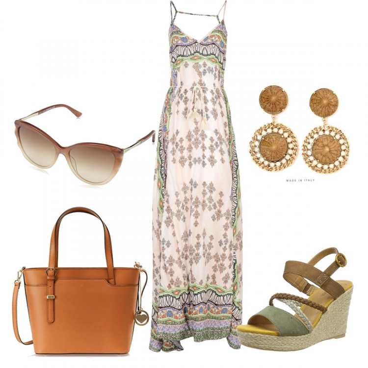Outfit donna - Basic #12047. Stile Basic per Mare. look ideale per Tall. Abbinamento con vestito lungo nero, orecchini, sandali, occhiali da sole, shopping bag marrone.