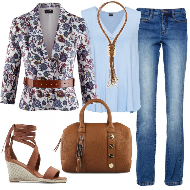 Outfit donna - Blazer per niente banale. Stile Trendy per Ufficio. Abbinamento con top, collana lunga oro, jeans, sandali, borsetta marrone, blazer.