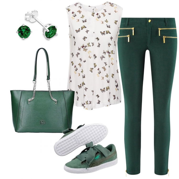 Outfit donna - Cernierine. Stile Basic per Tutti i giorni. Abbinamento con top, borsa a spalla verde, pantalone skinny, sneakers a quadri verde, collana argento.