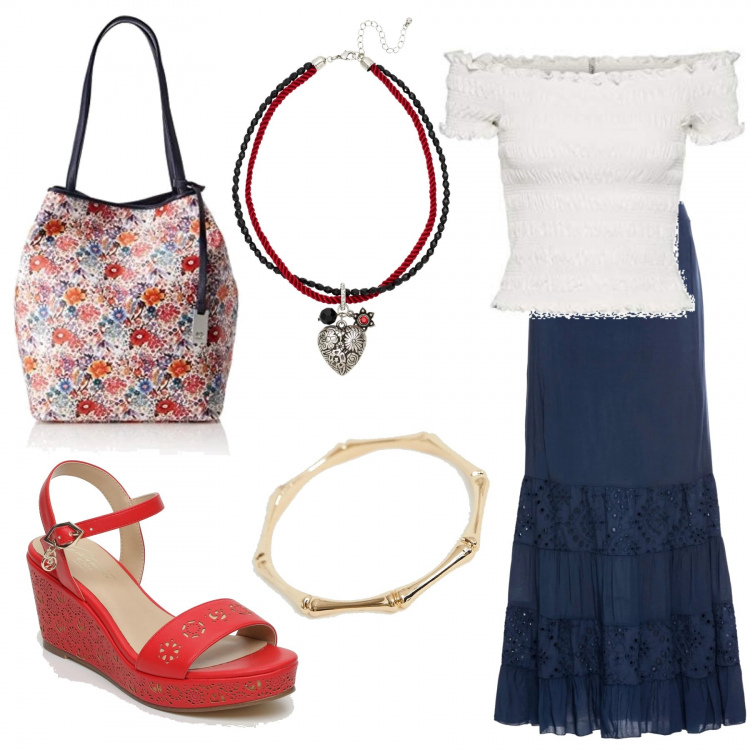 Outfit donna - Le scarpe rosse. Stile Trendy per Tutti i giorni. Abbinamento con top, ciondoli, top, sandali con tacco e fibbia con punta tonda rosso, borsa tote in denim bianco, bracciale rigido oro.