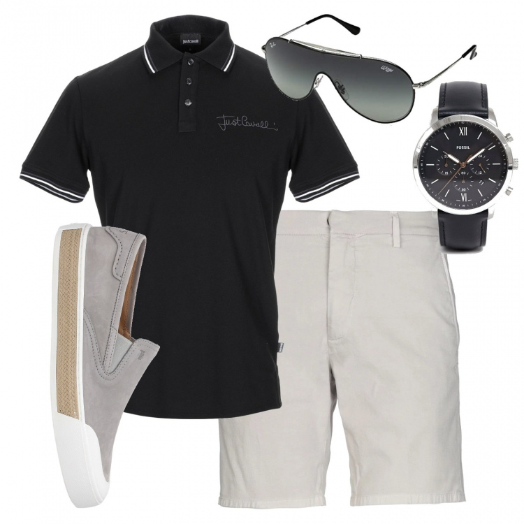 Outfit uomo - Lui veste #bantoauomo. Stile Casual per Tutti i giorni. Abbinamento con slip con logo frontale grigio, t-shirt e polo senza tasche piqué a maniche corte tinta unita, pantaloni corti e shorts, occhiali da sole unisex-adulto grigio e argento, orologio con cinturino e fibbia.