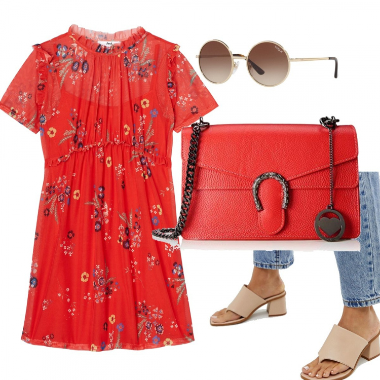 Outfit donna - Vacanze ibiza. Stile Trendy per Tutti i giorni. Abbinamento con occhiali da sole, sandali con tacco largo beige, vestiti, borse a spalla.