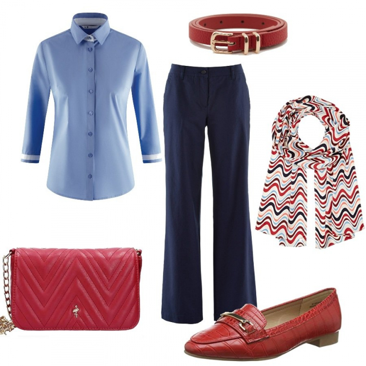 Outfit donna - Brand Inspo Ralph Lauren. Stile Trendy per Ufficio. Abbinamento con pantaloni, cintura con fibbia in ecopelle rosso, borsa a tracolla rosso, camicia, mocassini pianta larga rosso, sciarpa con stampa taglia unica rosso.