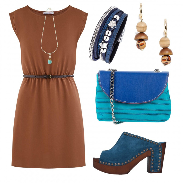 Outfit donna - #zoccoli per l’ufficio. Stile Basic per Ufficio. Abbinamento con braccialetti, sandali effetto scamosciato con tacco squadrato interno in pelle con punta tonda tinta unita, borsa a tracolla mini a righe interno foderato, collana multicolore, vestito corto, orecchini pendenti petite con stampa e sfere oro.