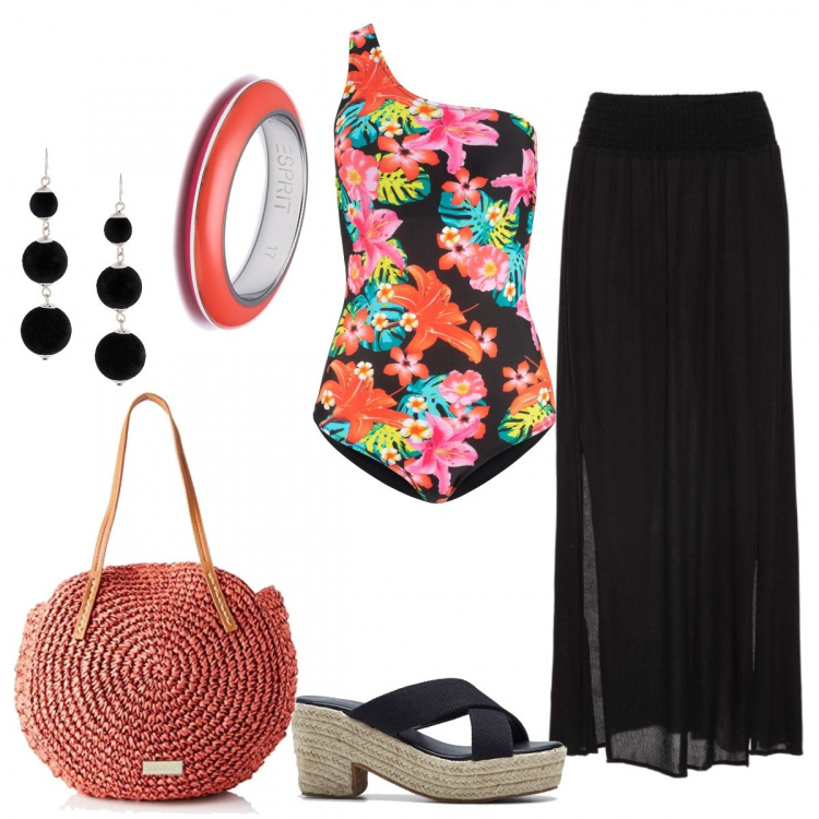 Outfit donna - Holiday. Stile Trendy per Mare. look ideale per Petite. Abbinamento con gonne lunghe, costume intero monospalla nero, ciabatte, orecchini, borse a spalla, anelli.