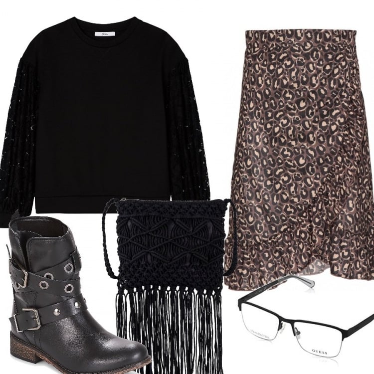 Outfit donna - Strong. Stile Urban per Serata fuori. Abbinamento con gonna al ginocchio fantasia con ruches e zip interno semi-foderato in raso vestibilità ridotta, vestiti midi/longuette, stivaletti nero, felpe, montatura occhiali unisex-adulto nero.