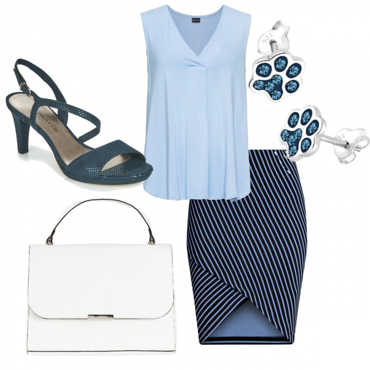 Outfit donna - Riunione d\'affari estiva. Stile Basic per Ufficio. Abbinamento con top, borsa, sandali blu, gonna, orecchini.