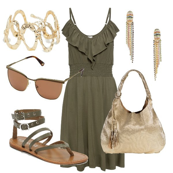 Outfit donna - Sandali alla schiava e dress oliva. Stile Trendy per Tutti i giorni. Abbinamento con vestiti lunghi, borse a spalla, sandali con fasce e punta tonda kaki, orecchini pendenti farfalla scollo a cascata in denim oro e pastello, bracciale in denim con catenina oro, occhiali da sole.