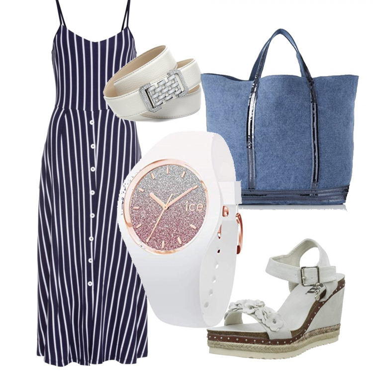 Outfit donna - Chemisier on ice. Stile Trendy per Tutti i giorni. Abbinamento con vestiti midi/longuette, sandali, orologi, borsa tote con paillettes blu, cinture.