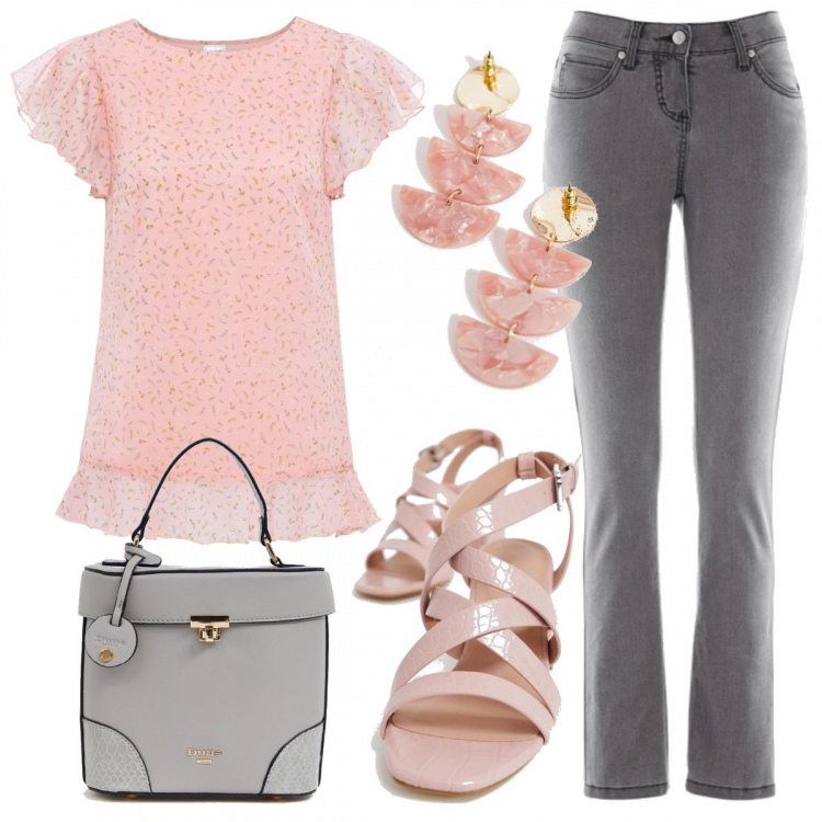 Outfit donna - Toni delicati. Stile Bon Ton per Tutti i giorni. Abbinamento con jeans slim fit, blusa, sandali con tacco largo collo aperto rosa, orecchini farfalla oro e rosa, borsa a tracolla con manico e borchie.