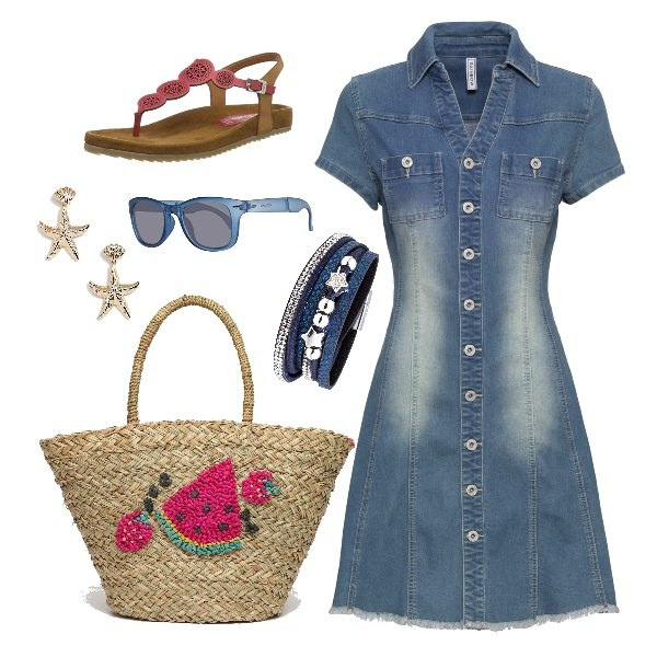 Outfit donna - Una giornata al mare. Stile Basic per Mare. Abbinamento con vestiti, braccialetti, sandali, borsa a tracolla in paglia, orecchini pendenti oro, occhiali da sole.