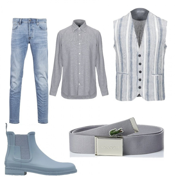 Outfit uomo - Trendy per il rientro. Stile Trendy per Tutti i giorni. Abbinamento con stivali, camicia fantasia effetto spinato a maniche lunghe in flanella con bottoni, giacca a panciotto, jeans, cintura con fibbia forma intrecciata grigio e verde.
