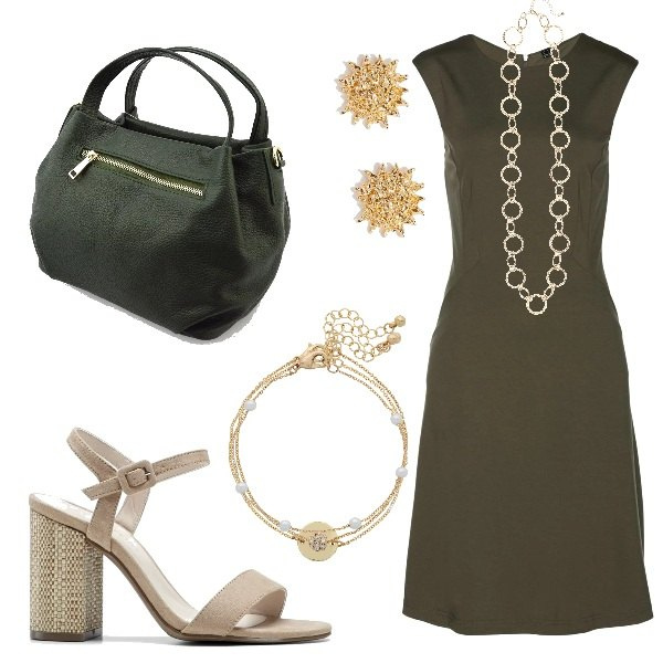Outfit donna - Elegante in verde. Stile Trendy per Serata fuori. Abbinamento con vestiti, collana oro, sandali fantasia con cinturino beige, bracciale, borsetta verde, orecchini a bottone petite farfalla effetto testurizzato oro.