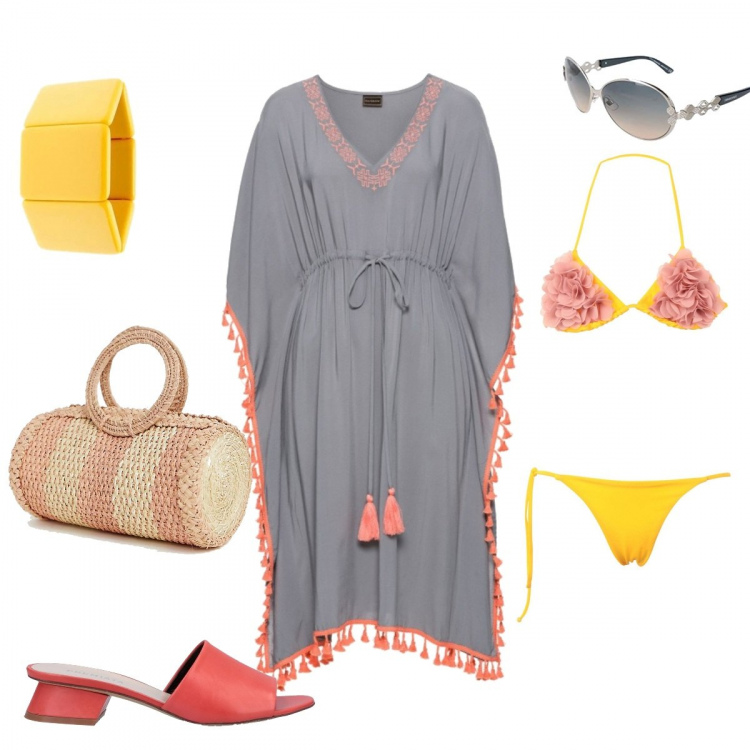 Outfit donna - Beach time. Stile Trendy Abbinamento con body, bikini contrasto interno foderato jersey, sandali, braccialetti, anello in rafia con tasca interna rosa, occhiali da sole argento.