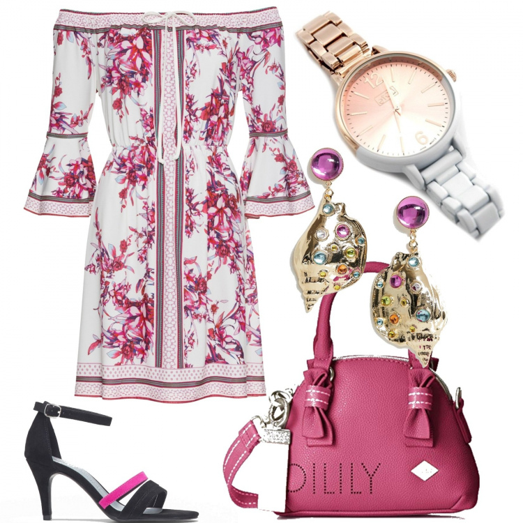 Outfit donna - Fuxia forever. Stile Chic per Serata fuori. Abbinamento con costumi interi, sandali con cinturino nero, orologio analogico bianco, borsa a mano cartella rosa, orecchini petite con ciondolo farfalla oro.
