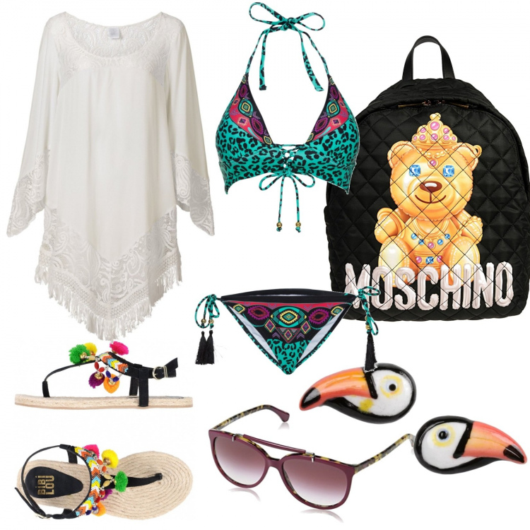 Outfit donna - Vacanze alle Canarie. Stile Etnico per Mare. Abbinamento con vestiti da spiaggia, bikini, orecchini, infradito contrasto effetto scamosciato senza tacco con fibbia interno sfoderato con punta tonda tinta unita, zaini, top.
