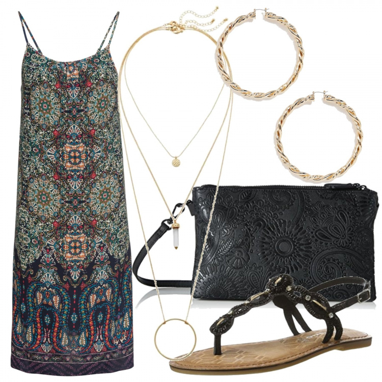 Outfit donna - Abito corto, aperitivo in città. Stile Etnico per Serata fuori. Abbinamento con vestiti, ciondoli, borsa a tracolla nero, infradito, orecchini petite a scatto forma intrecciata oro.